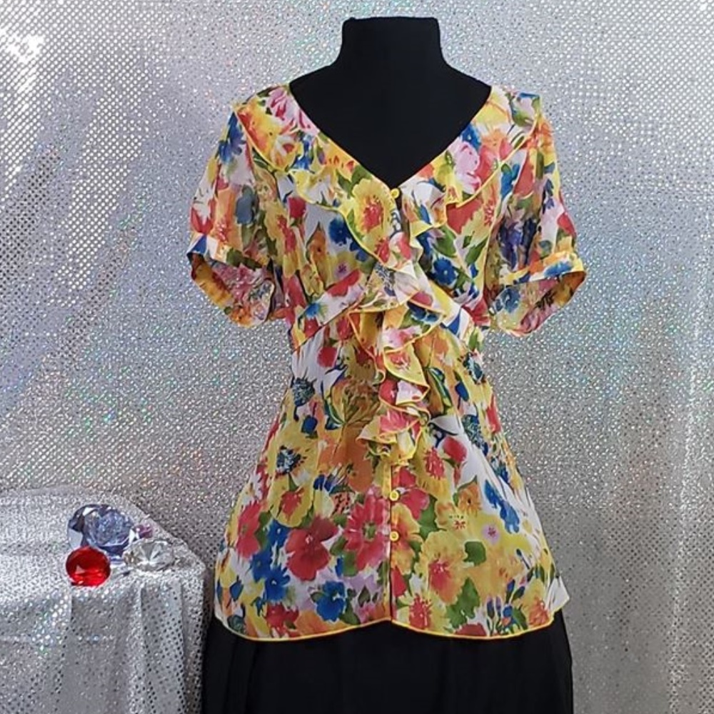 Yellow Floral Victorian Ruffle Button-up Blouse